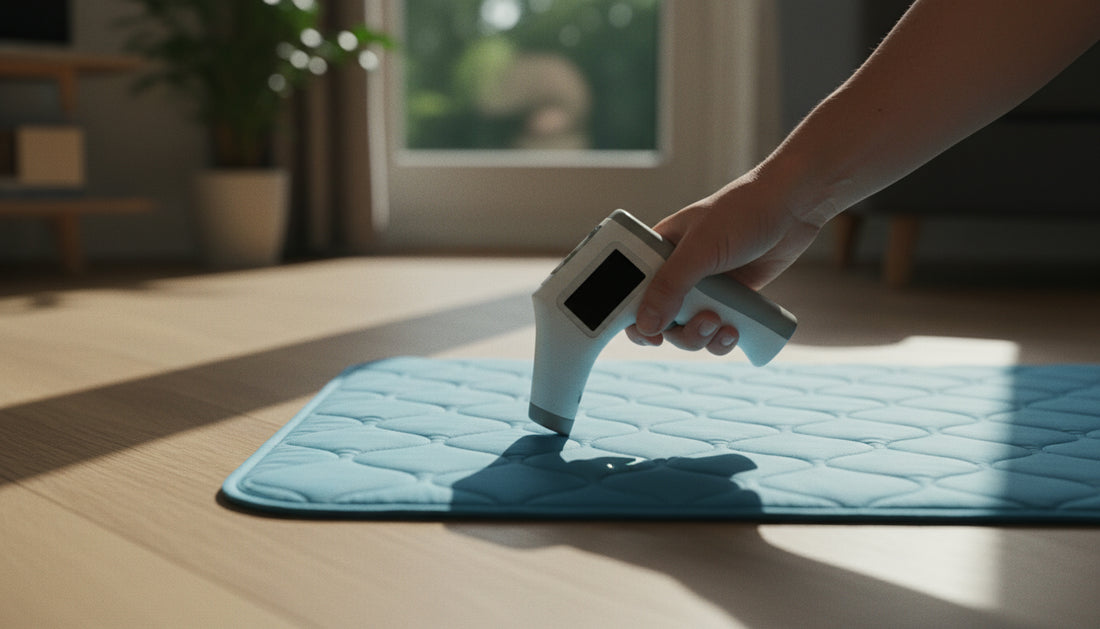 Testing whether dog cooling mats actually work: an infrared thermometer aimed at a blue cooling mat on a wooden floor