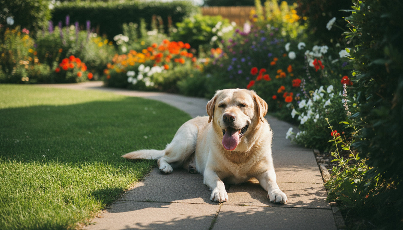 How to keep your dog cool in summer: a yellow Labrador resting in the shade of a garden path on a hot day