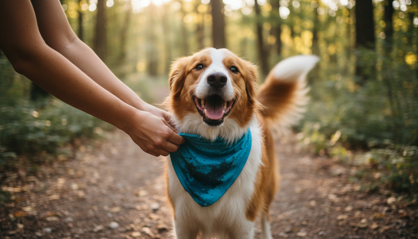 How to use a dog cooling bandana: hands wrapping a damp blue cooling bandana around a dog's neck on a sunny trail