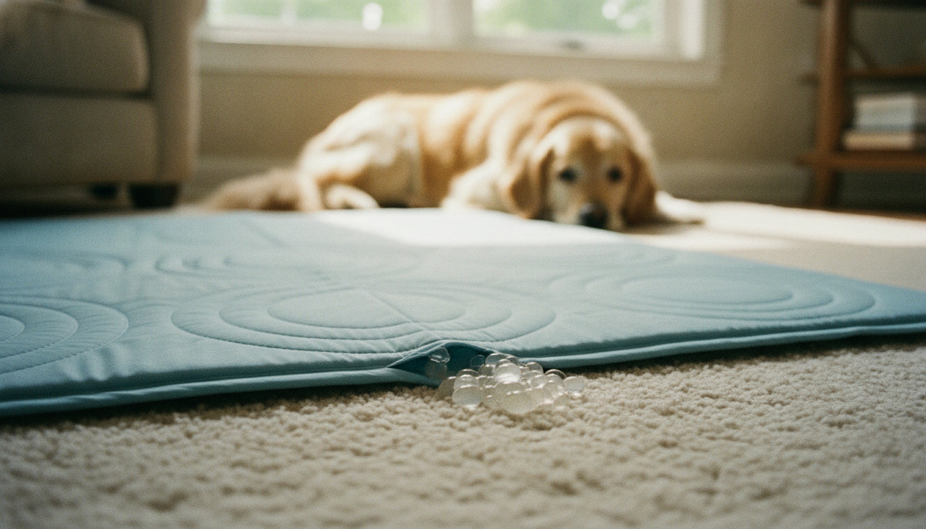 Is cooling gel safe for dogs: clear gel leaking from a split seam in a blue cooling mat onto a rug