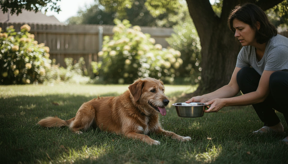 Signs of heatstroke in dogs: a dog panting heavily in the shade while its owner offers a bowl of water
