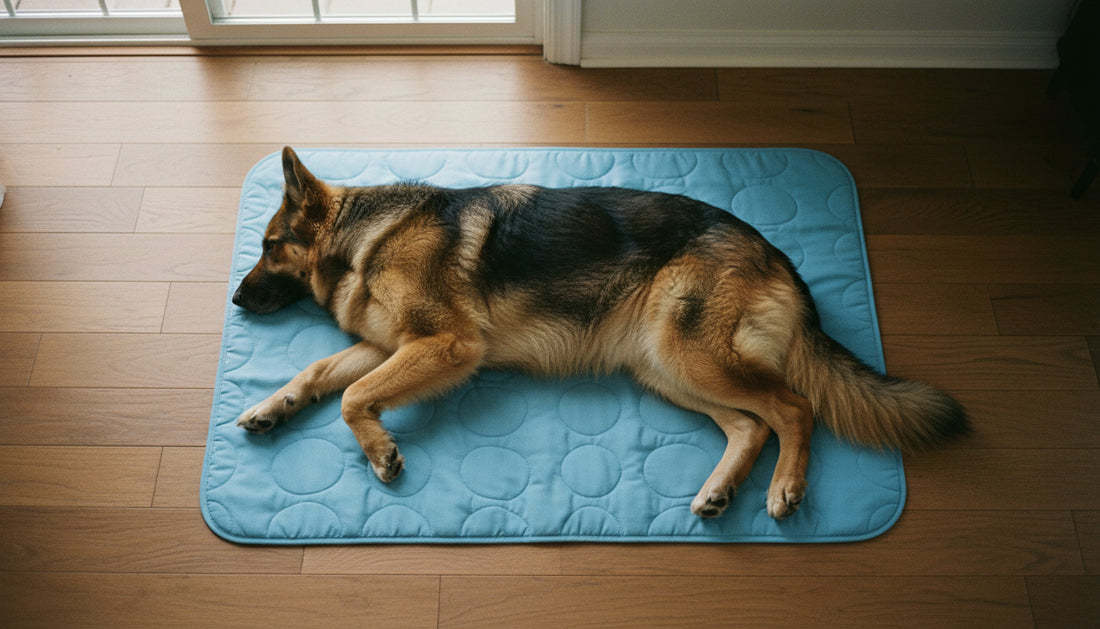 What size cooling mat for my dog: a large German Shepherd stretched out fully on a blue cooling mat, seen from above