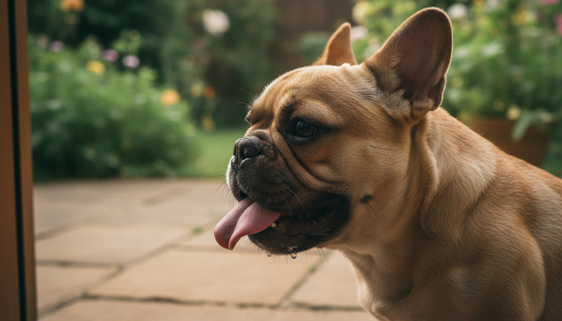 Why bulldogs, pugs and frenchies overheat: side profile of a fawn French Bulldog panting in warm sunlight, showing its short flat muzzle