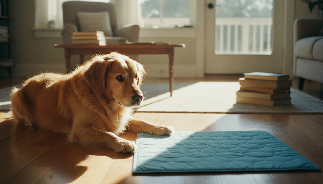 Why won't my dog lie on the cooling mat: a golden retriever lying on the floor next to a blue cooling mat, eyeing it warily